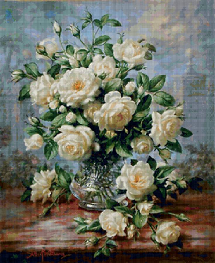 Ваза с розами - букет, цветы, розы, картина - предпросмотр