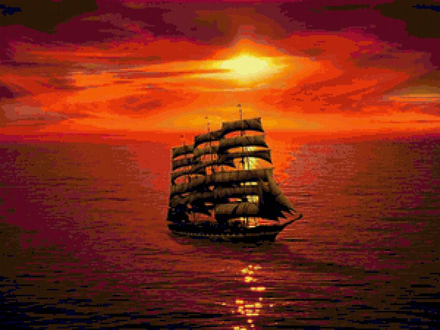 Корабль на закате - корабль, море, вода, океан - предпросмотр