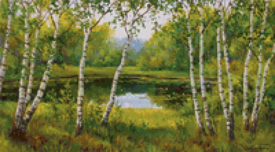 У лесной речки - живопись, река, лес, пейзаж, природа, береза - предпросмотр