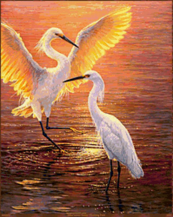 Журавли - живопись, пейзаж, птицы - предпросмотр