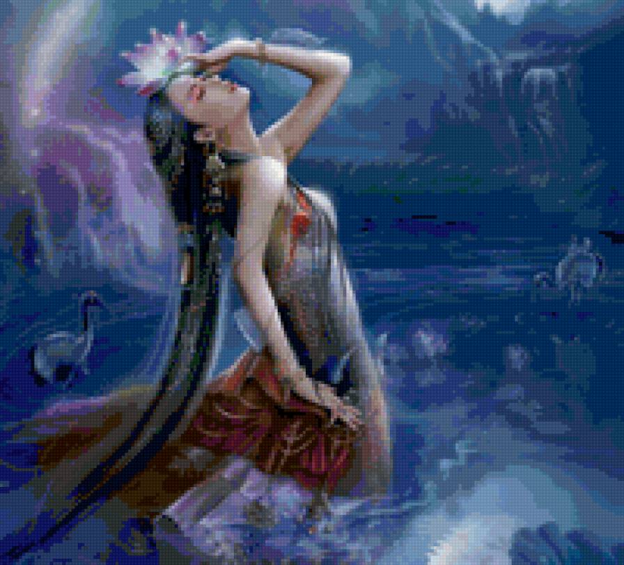 Девушка с лотосом - фентези, девушка, цветы, лотос - предпросмотр