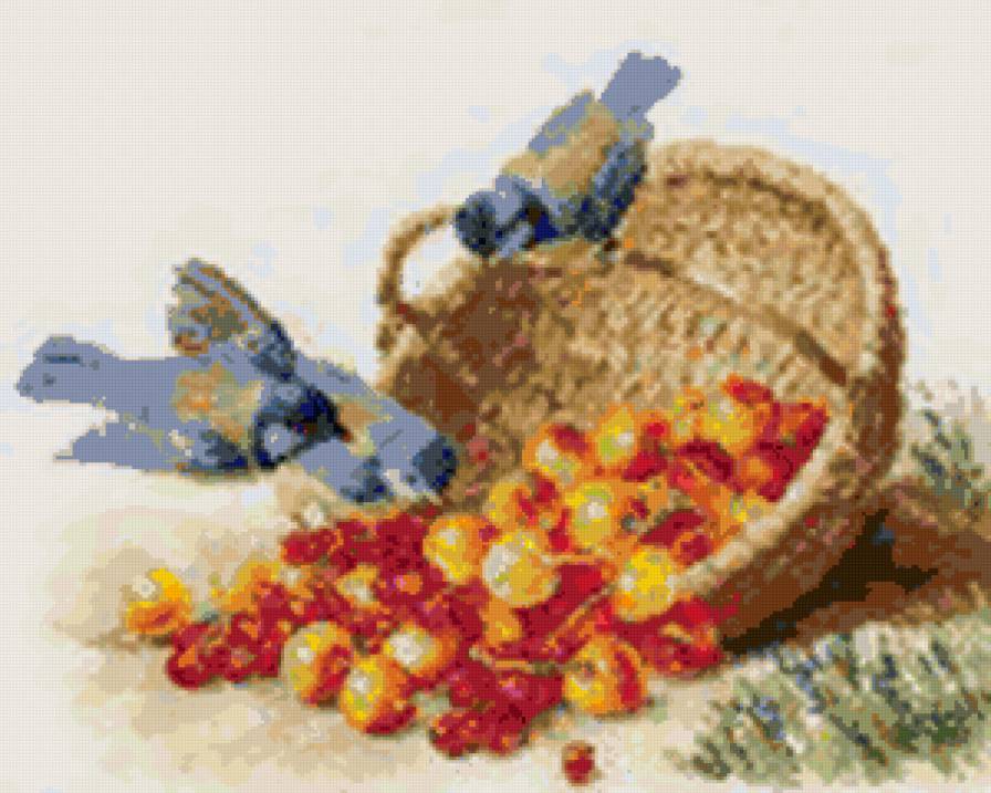 синички и черешня - синица, черешня, тарелка, птицы - предпросмотр