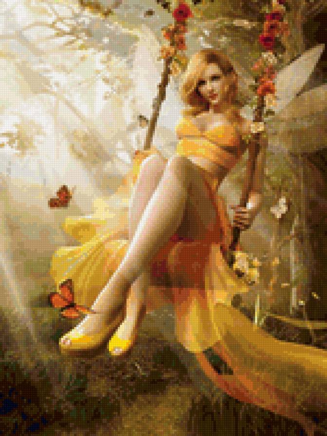 Фея на качелях - фея, девушка, фентези, бабочки, качели - предпросмотр