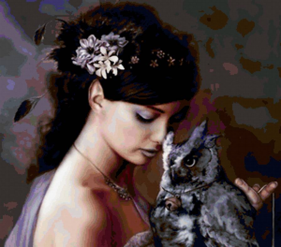 Фея с филином - красота, птица, фея, девушка, портрет, картина, фентази - предпросмотр