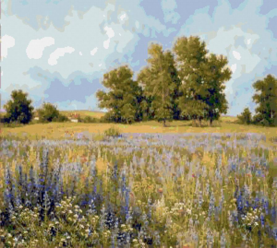 Разнотравье - цветы, лето, поле, деревья, пейзаж - предпросмотр