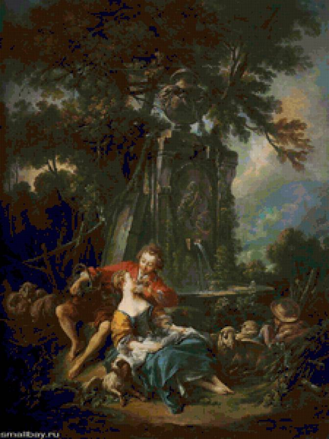 Буше Франсуа.Весенняя пастораль. - пастушка, люди, животные, мифы.природа, деревья - предпросмотр