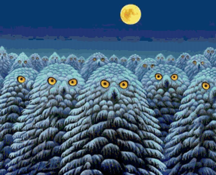 Дремучий лес-сказка - сова, лес, зима, фантазия, ночь - предпросмотр