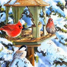 Схема вышивки «Зимние птицы у кормушки»