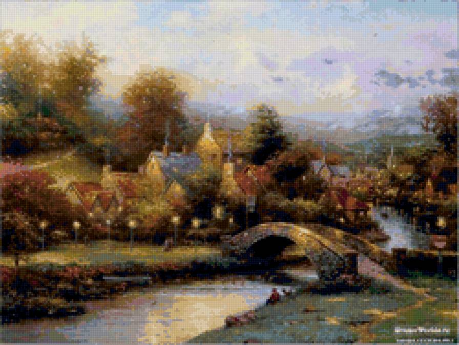 городок - природа, дом, река, мост - предпросмотр