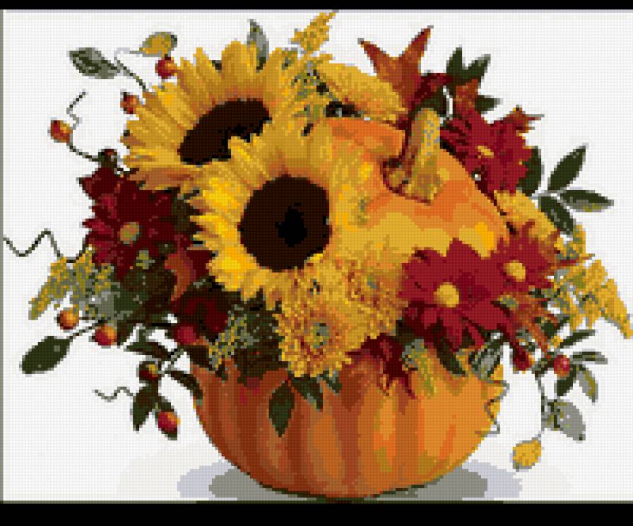 Натюрморт " Осенний" - оранжевый, тыква, букет, натюрморт, цветы, осенний, осень - предпросмотр