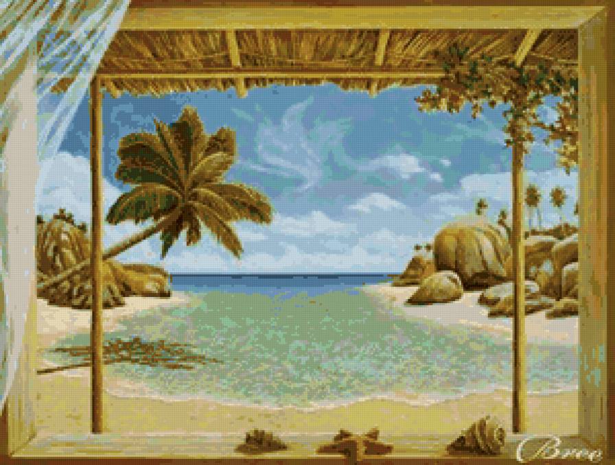 Пейзаж из окна - пейзаж, море, пальма, пляж, окно - предпросмотр