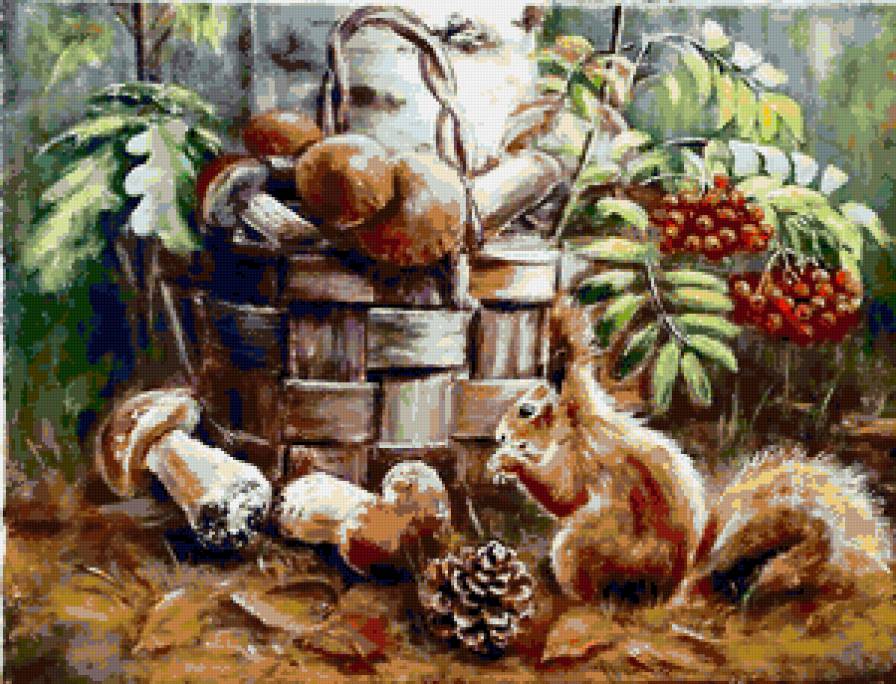 дары лета - рябина, осень, белка, белки, белочка, животные, ягодки, грибы - предпросмотр