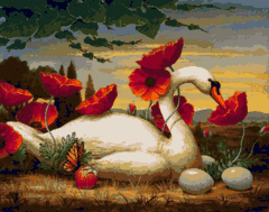 №159431 - картина, маки, лебедь, цветы, птица, живопись - предпросмотр