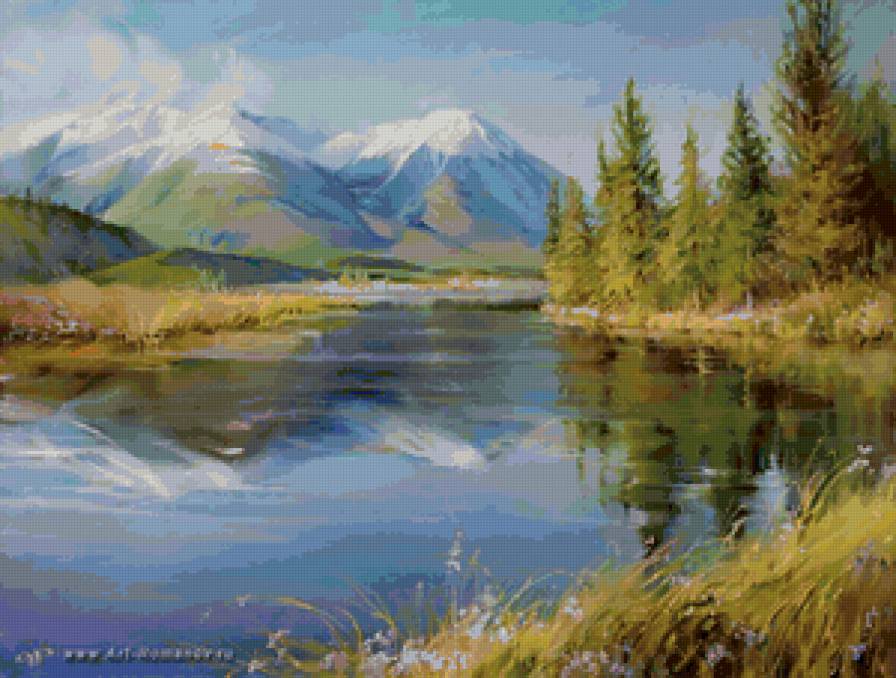 125 - река, горы, пейзаж, лето, картина - предпросмотр