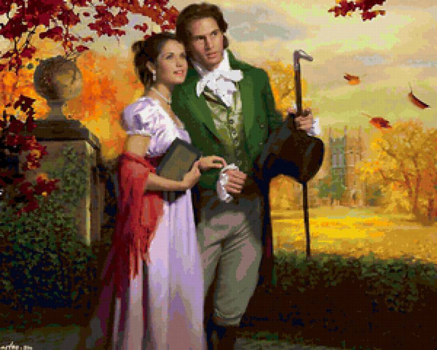 рандеву в парке - красота, иллюстрация, любовь, пара, картина - предпросмотр