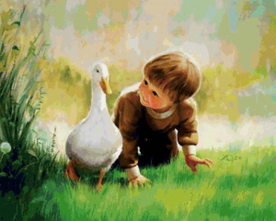 мальчик - живопись, картина, мальчик, мама, птицы, лето - предпросмотр
