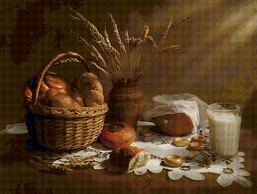 натюрморт - ваза, корзина, колосья, хлеб - предпросмотр