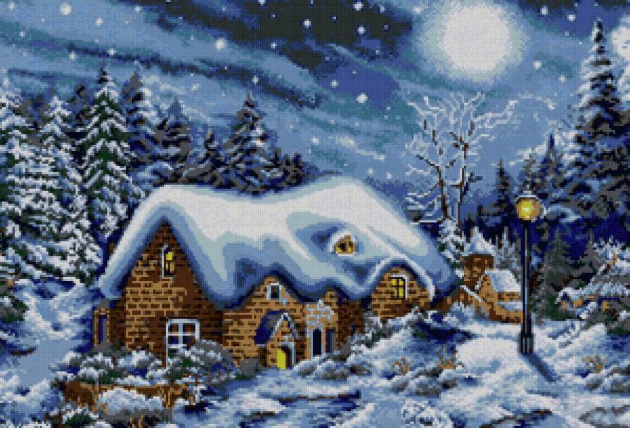 Домик в зимнем лесу - зима, елка, пейзаж, дом, лес, снег - предпросмотр