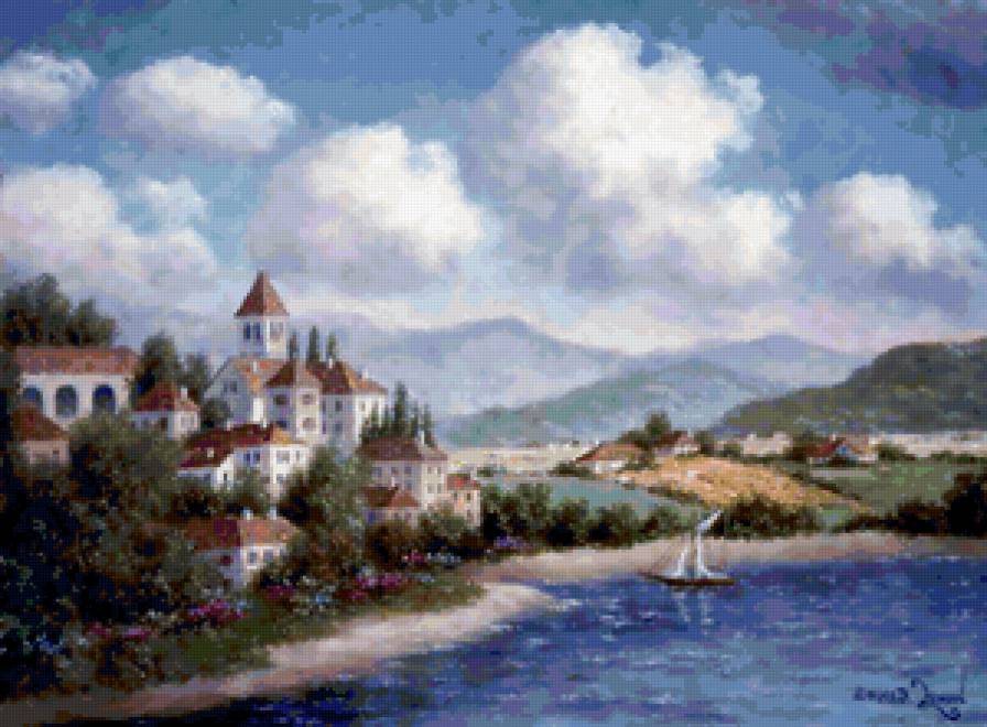 Серия "Пейзажи" - море, домик, пейзаж, горы, корабль - предпросмотр