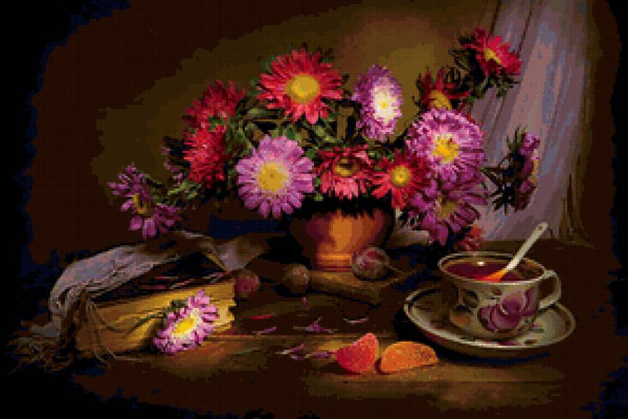 натюрморт - астры, чай, фрукты, ваза - предпросмотр