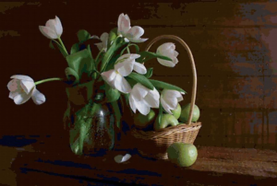 натюрморт - тюльпаны, корзина, натюрморт, фрукты, банка, цветы - предпросмотр