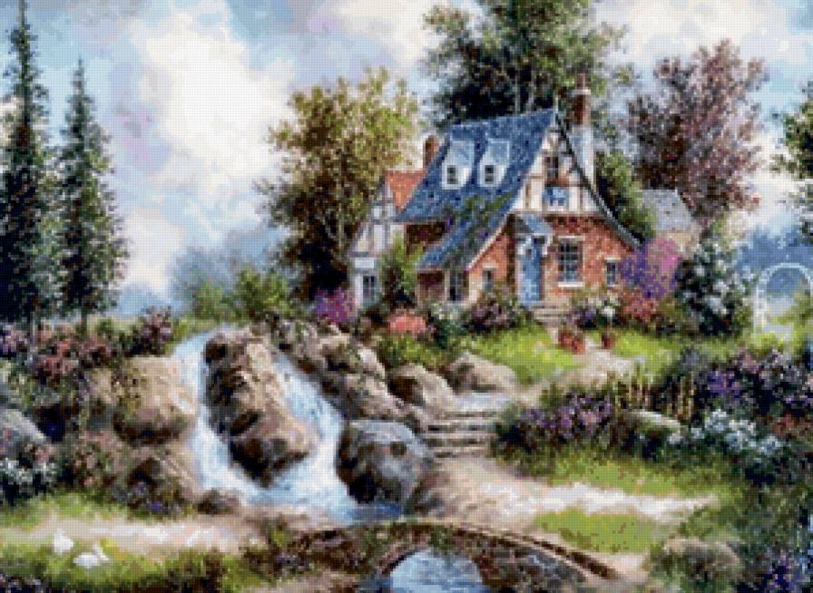 Серия "Пейзажи" - цветы, домик, река, пейзаж, мост - предпросмотр