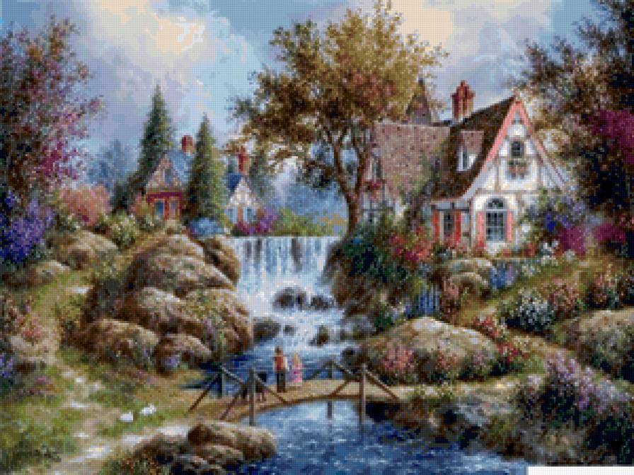 Серия "Пейзажи" - домик, мост, дети, река, пейзаж - предпросмотр