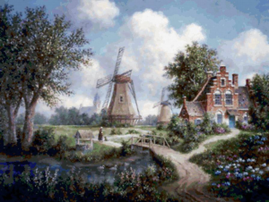 Серия "Пейзажи" - дорога, пейзаж, люди, мельница, домик - предпросмотр