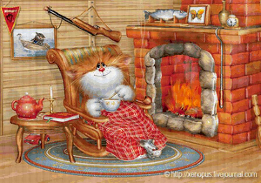 Котик у камина... - кот, камин, очаг... - предпросмотр