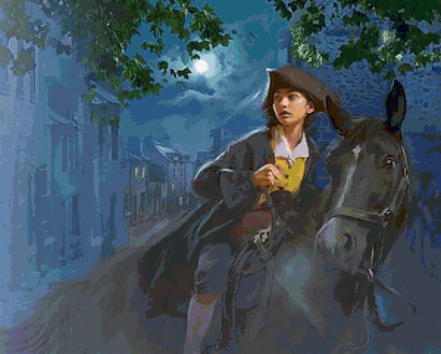 По улицам спящего города - ночь, девушка, город, красота женщины, луна, картина, лошади - предпросмотр