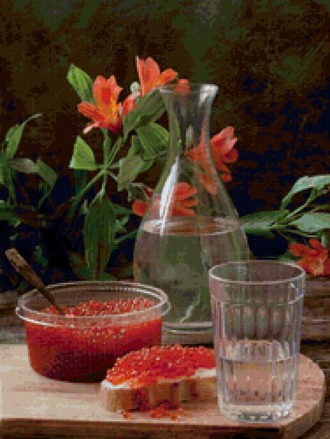 натюрморт - графин, икра, цветы, натюрморт - предпросмотр