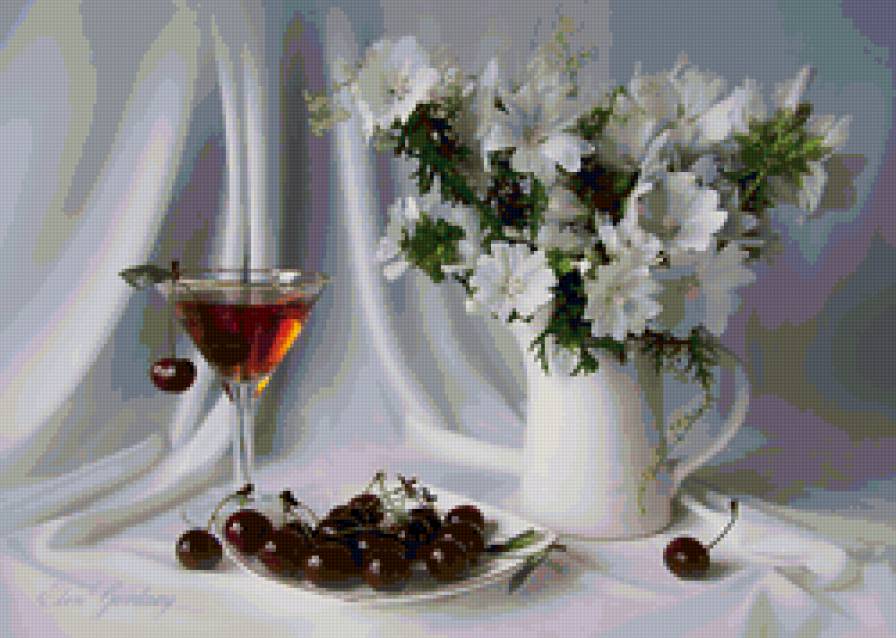 натюрморт - цветы, вишни, натюрморт, ягоды - предпросмотр