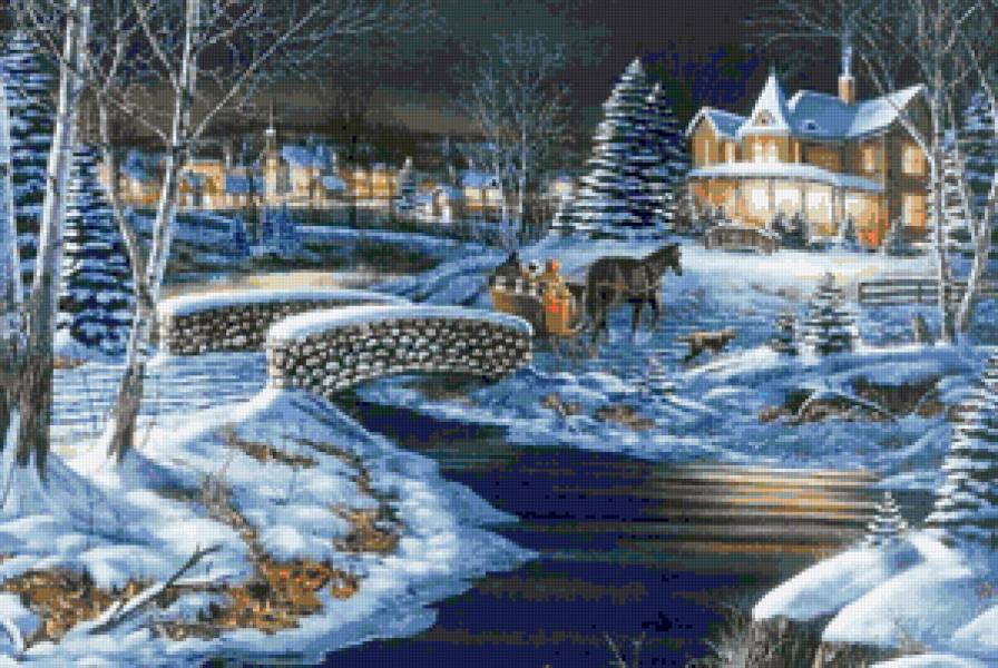 Рождественская ночь - лошадка, рождество, ночь, зима, домики, праздник, пейзаж - предпросмотр