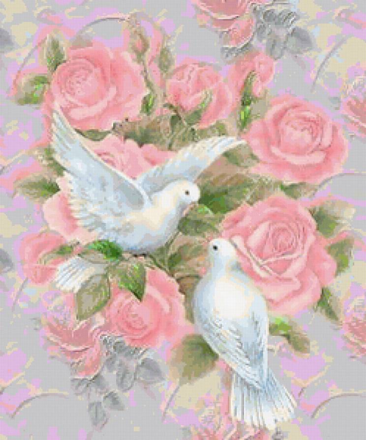 Нежность - природа, свадьба, птици, картина, цветы, голуби, льбовь - предпросмотр