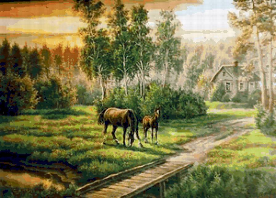 Летняя пора - пейзаж, дорога, лето, природа, лошадки, лес, зелень, лошади - предпросмотр