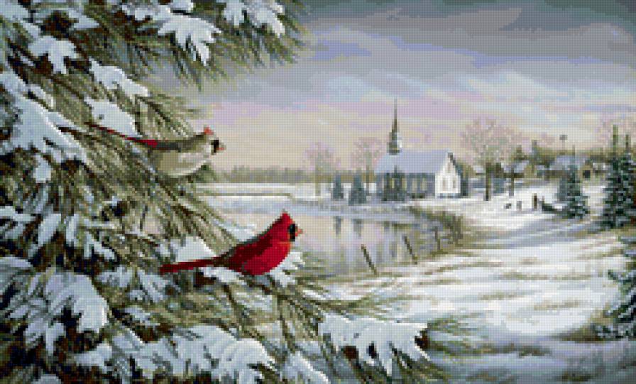 зима - пейзаж, птицы - предпросмотр