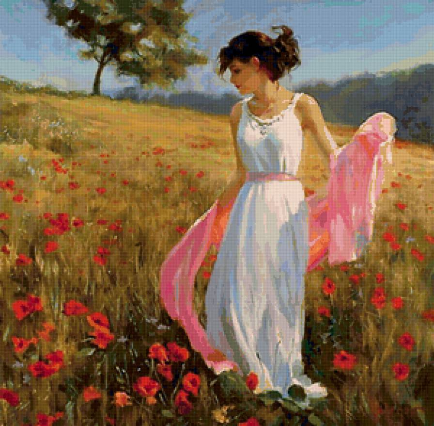 женский образ в живописи - поле, маки, девушка - предпросмотр