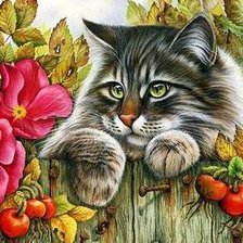 Схема вышивки «кот в цветах»