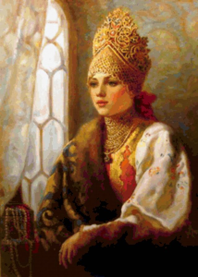 Русская красавица - девушка, бусы, ларец, платье - предпросмотр