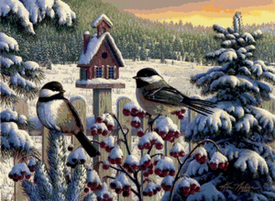 ЗИМНИЙ ПЕЙЗАЖ - пейзаж, птицы - предпросмотр