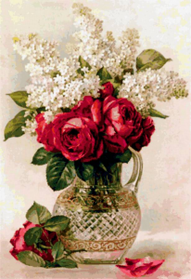 букет цветов - розы, сирень, ваза - предпросмотр