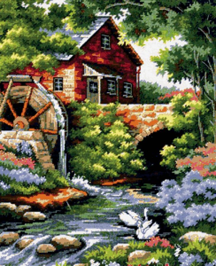 пейзаж - пейзаж, мельница, домик, природа - предпросмотр