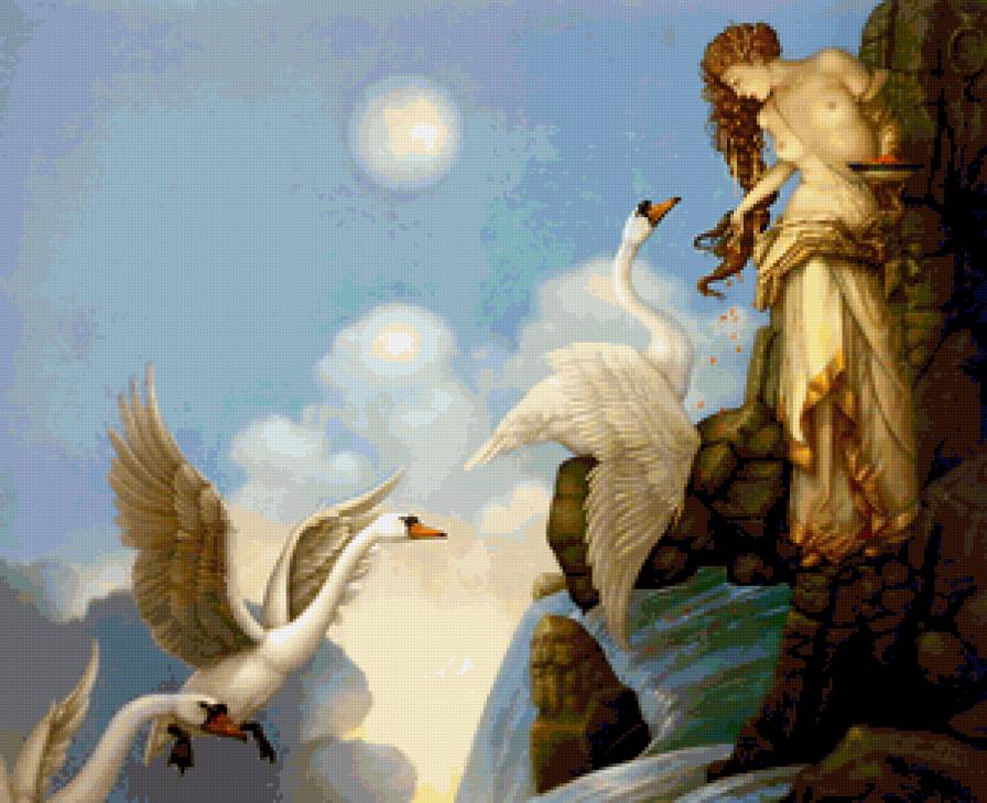 девушка и лебеди - лебеди, сказка, красота, девушка, фэнтази - предпросмотр