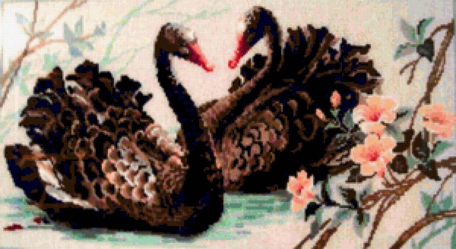 Лебеди - картина, лебеди, озеро, любовь, природа, цветы - предпросмотр