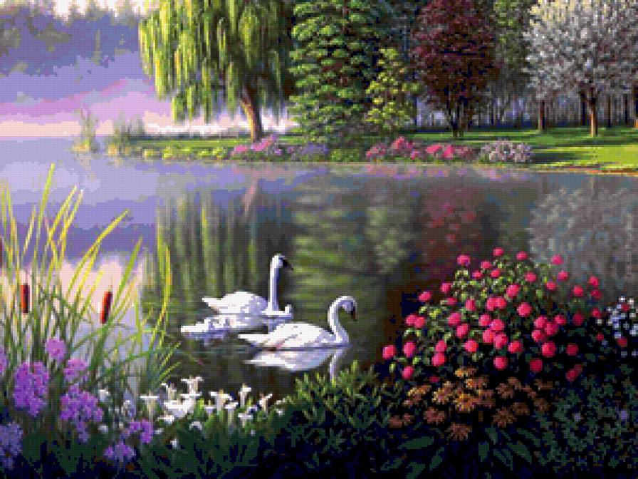 Лесное озеро - лебеди, цветы, лес, природа, картина, озеро - предпросмотр