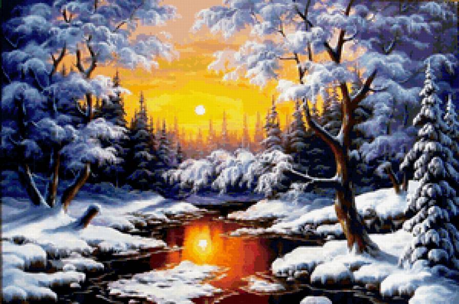Пейзаж - пейзаж, картина, снег, закат, лес, природа, зима - предпросмотр
