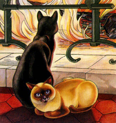 У камина - огонь, камин, животные, анималисты, кошки, картина - оригинал