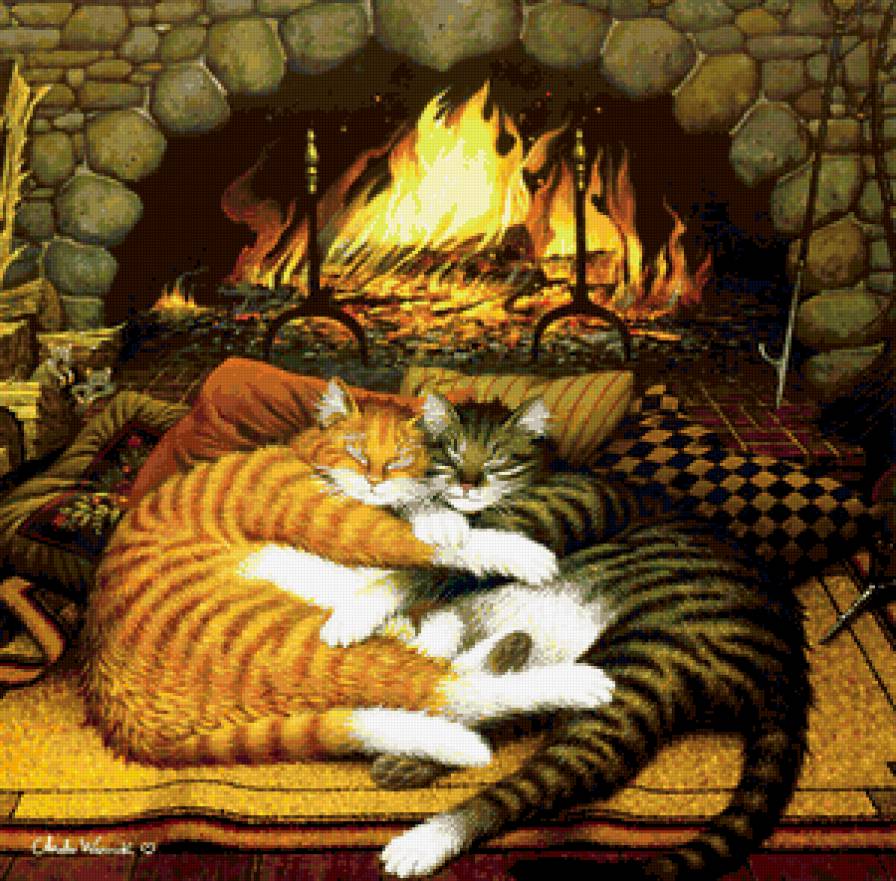 У камина - анималисты, огонь, камин, кошки, животные, картина - предпросмотр