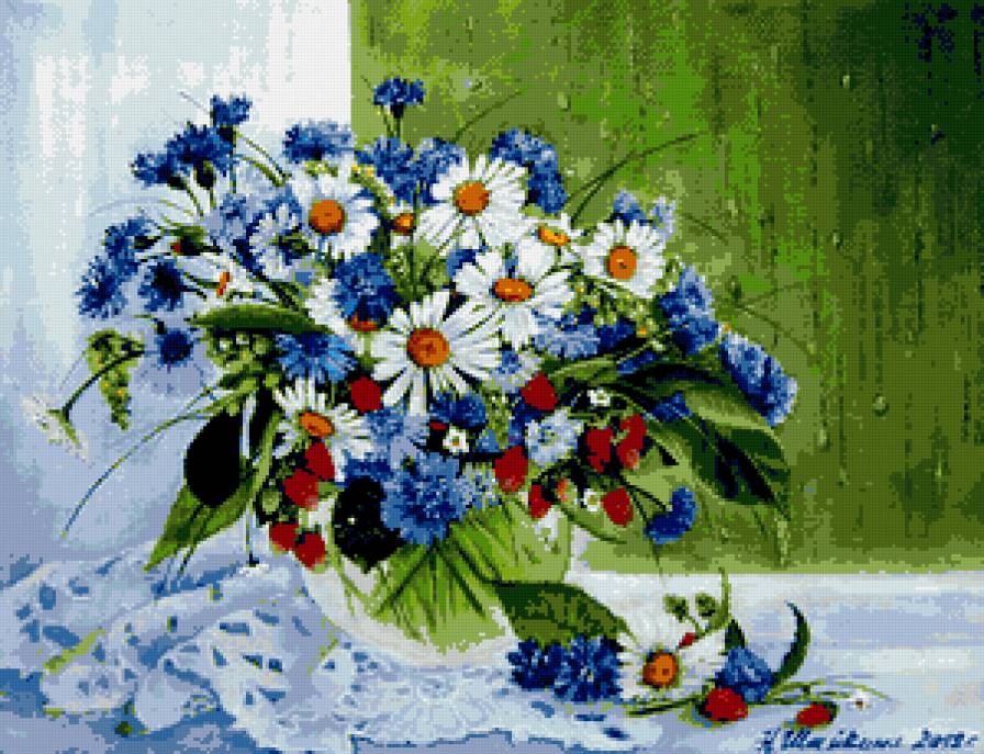 Воспоминание о лете - букет, ромашки, васильки, лето, ягоды, василек, земляника - предпросмотр