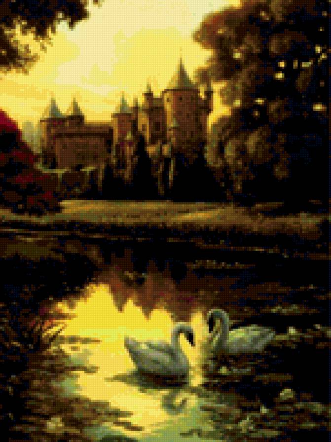 Лебединый пруд - замок, лебеди - предпросмотр